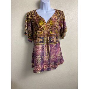 Y2K Butterfly Unity World Wear Short Sleeve Top V-Neck Floral size Medium Petite